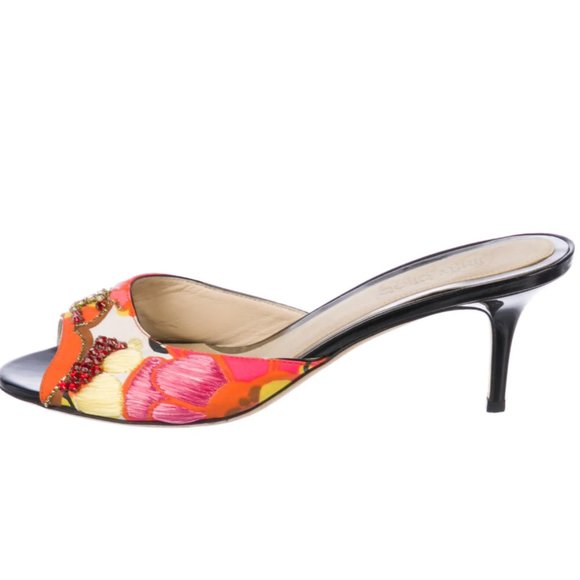 Jimmy Choo Floral Print Chain-Link Accents Slides; Size 8.5 (IT 38.5) - Picture 2 of 6